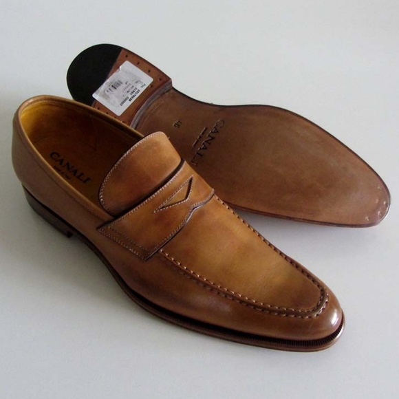 new CANALI antiqued tan penny strap loafers 46 13 - Picture 2 of 6